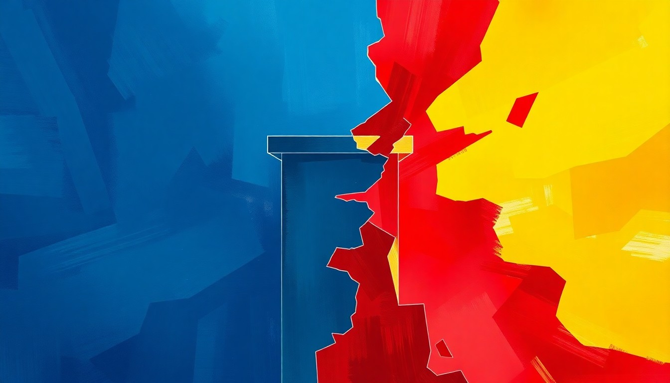 A highly textured, fragmented painting in shades of blue, red, and yellow, depicting an abstract podium or ballot box shape, conveying the divisive political tensions within the Democratic Party.