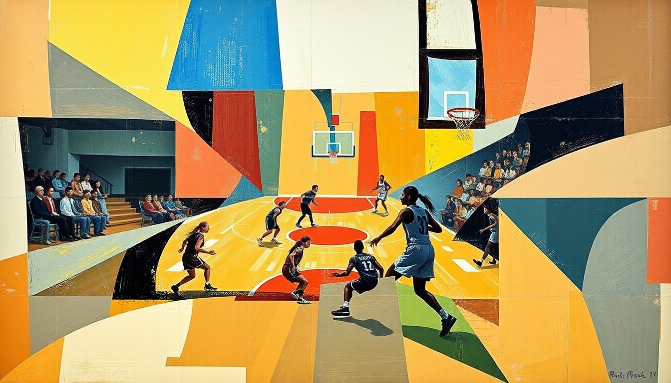 A cubist, geometric painting depicting a fragmented, multi-angled view of a women's basketball game, with sharp planes of color and form representing the dynamic action on the court.
