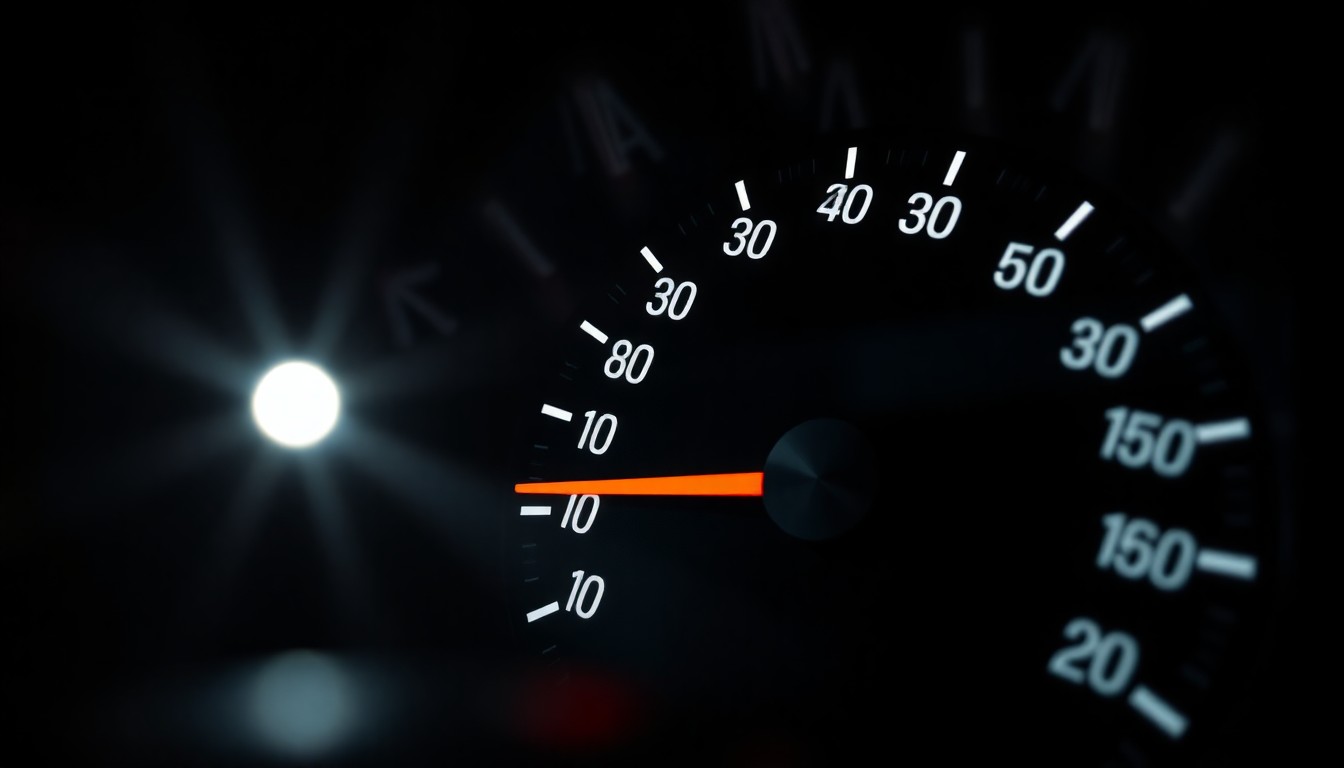 An extreme close-up of a car speedometer needle pegged at a high speed, the harsh flash creating a stark, gritty, investigative aesthetic that conceptually represents the dangers of illegal street racing.