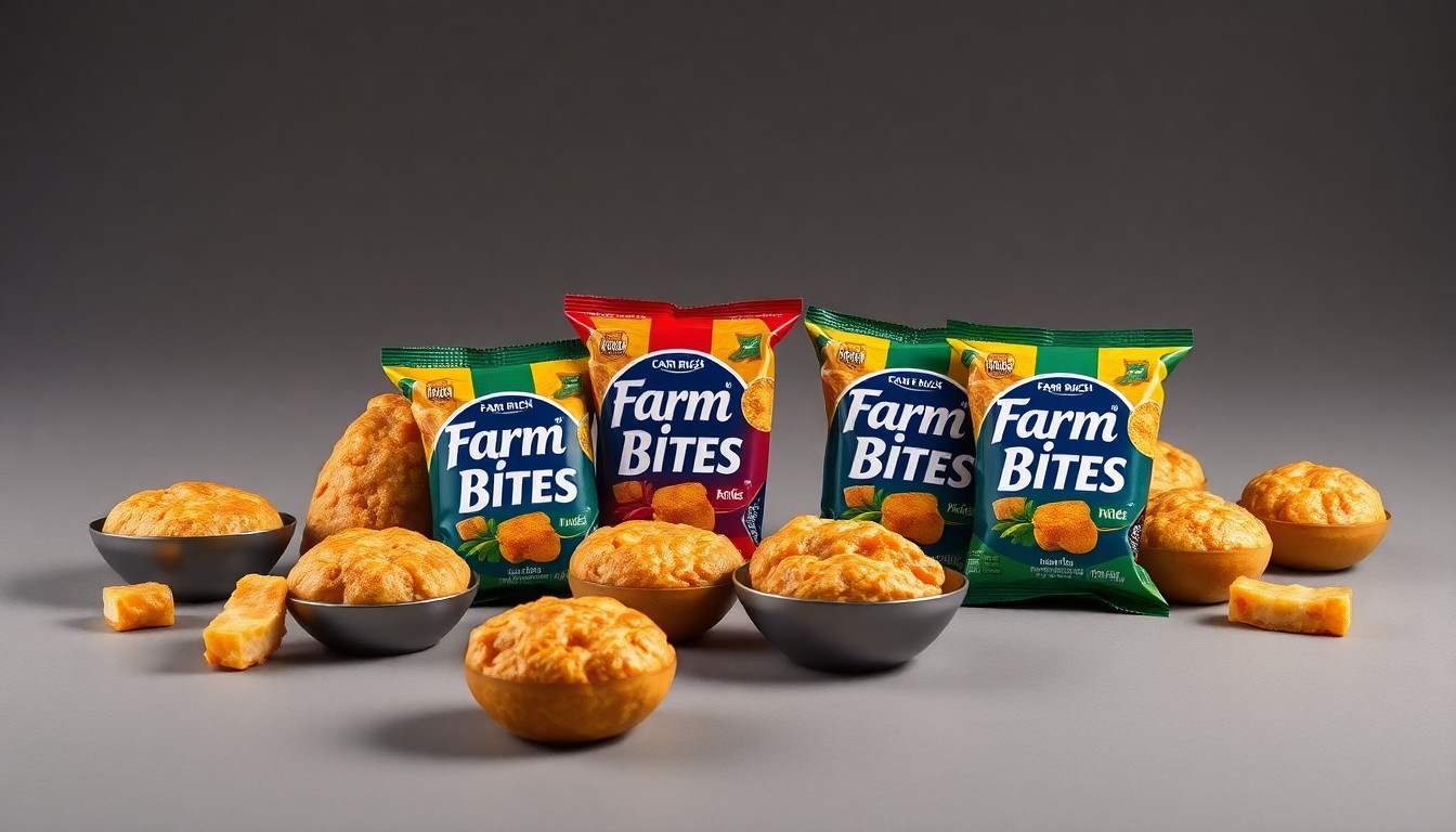 A minimalist, photorealistic studio still life featuring an elegant arrangement of various Farm Rich Bites, including savory cheese and spicy corn bites as well as sweet fried cookie dough and brownie bites, captured in dramatic lighting to convey the premium quality and snackable appeal of these new frozen products.