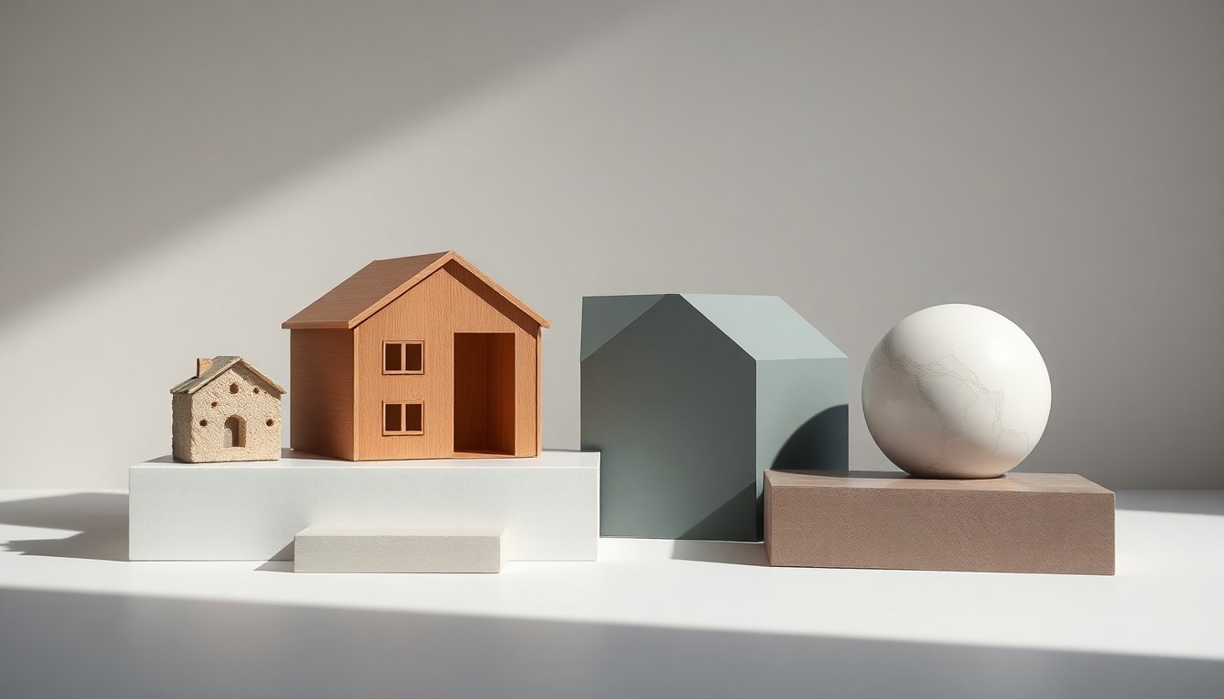 A minimalist studio still life featuring a collection of polished, geometric shapes and raw materials arranged in a dramatic, high-contrast composition, conceptually representing the complex factors shaping housing affordability in Missoula.