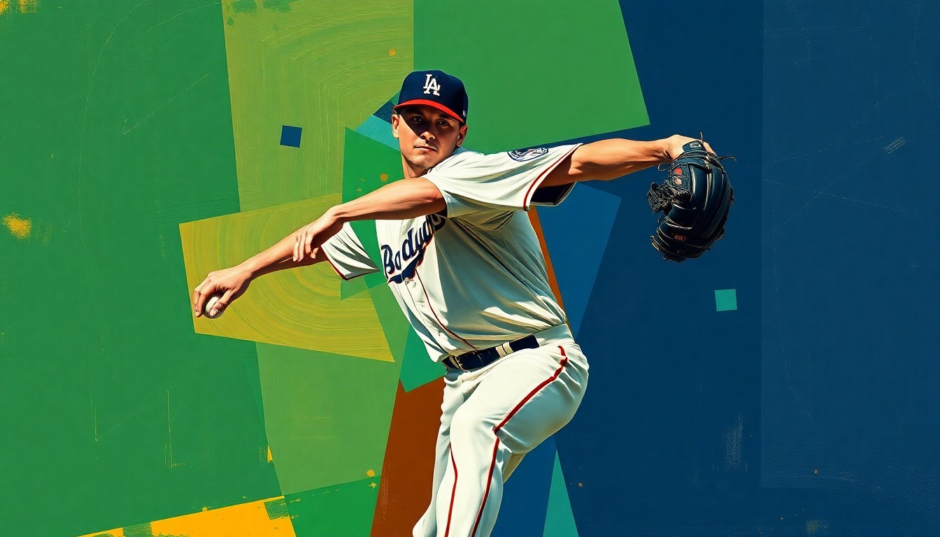 A fragmented, geometric painting depicting the various angles and planes of a baseball pitcher's delivery, with sharp lines and overlapping shapes in shades of green, brown, and navy blue conveying the mechanical struggles the player is working to overcome.