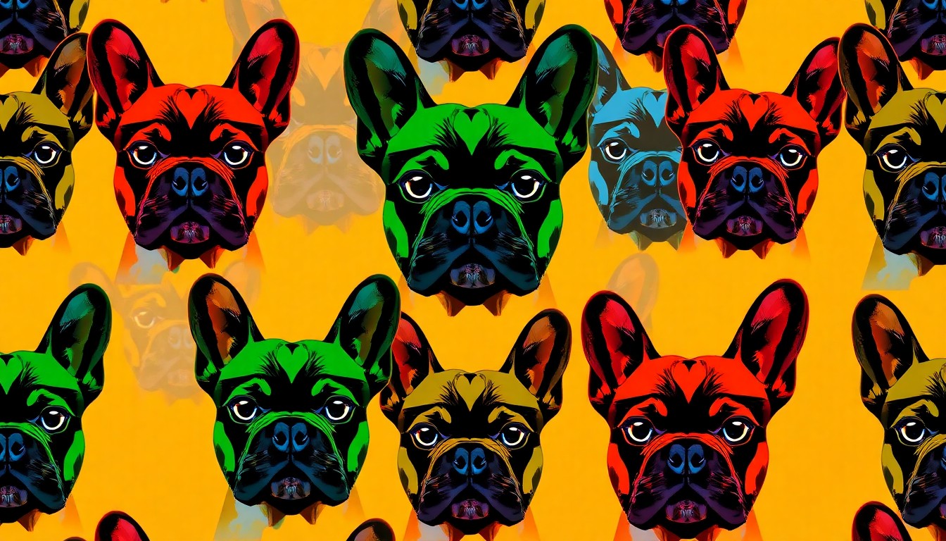 A highly stylized, silkscreen-inspired illustration featuring a grid of colorful, abstracted French bulldog faces in neon shades of pink, blue, and yellow, with thick black outlines, conceptually representing the debate over the breed's health.