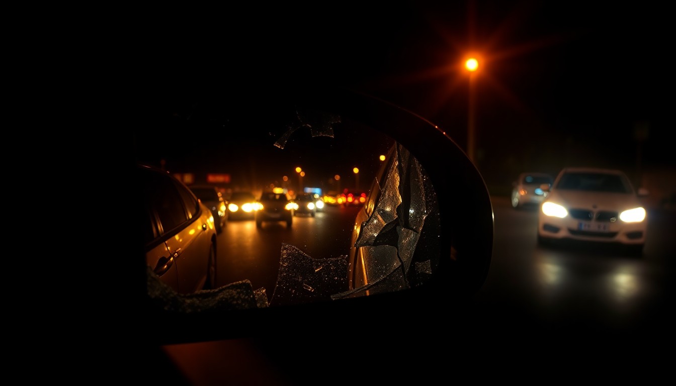 An extreme close-up photograph of a damaged car side mirror reflecting the chaotic aftermath of a multi-vehicle collision, with the mirror's surface heavily scratched and distorted.
