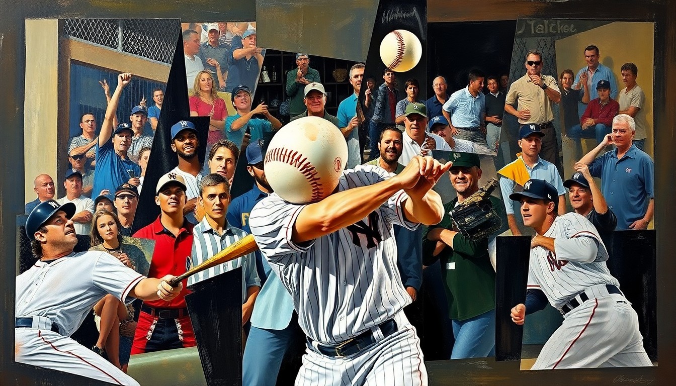 A cubist, multi-perspective painting depicting the chaotic scene of a baseball player slamming a ball against his head, with the action broken down into sharp, overlapping geometric shapes and planes in a vibrant color palette.