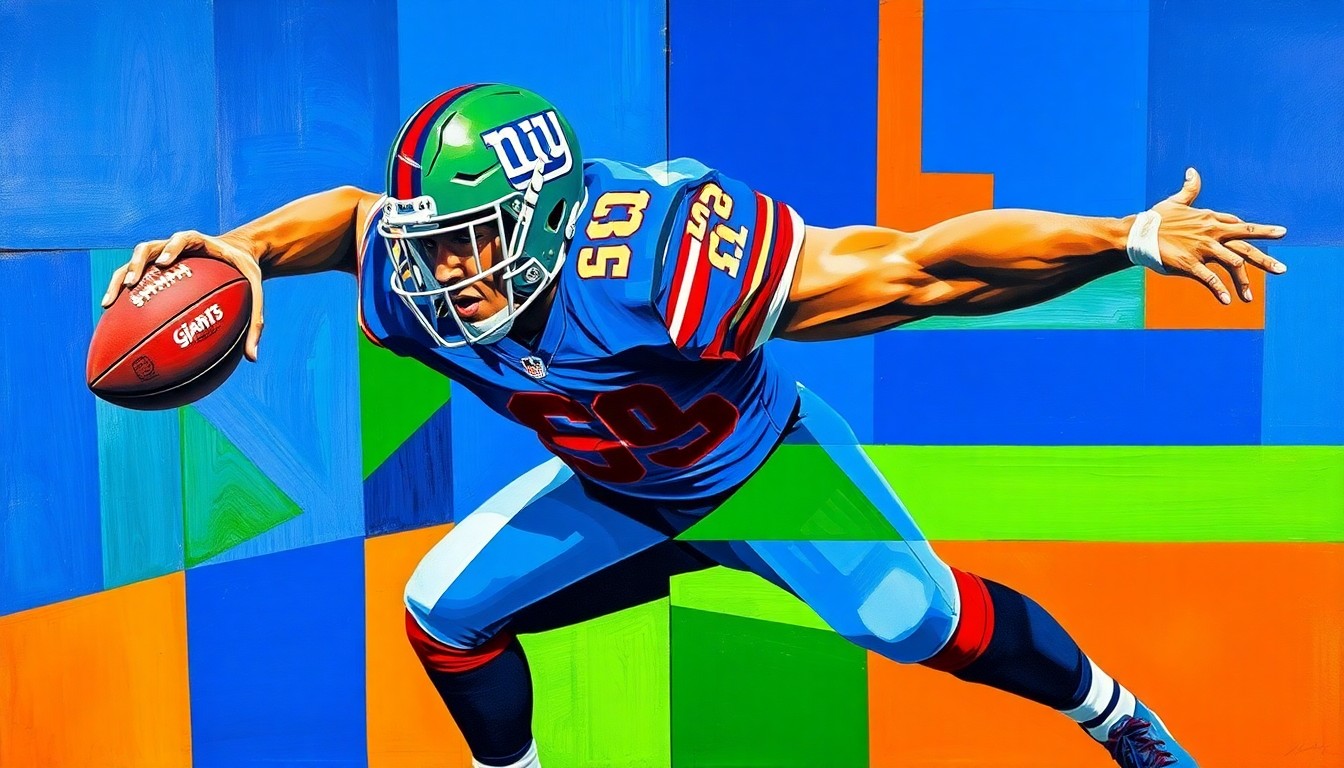 A cubist-style painting depicting a Giants defensive lineman in action, with sharp, overlapping geometric shapes in vibrant colors representing the player's explosive movements on the field.