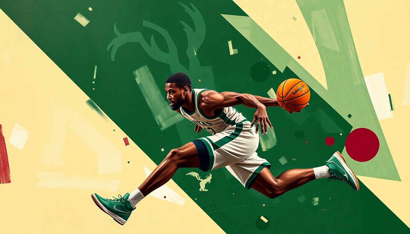 A fragmented, geometric painting in the style of Pablo Picasso, using sharp angles and overlapping planes in the Bucks' team colors to conceptually represent a basketball player's movements and the impact of a knee injury.
