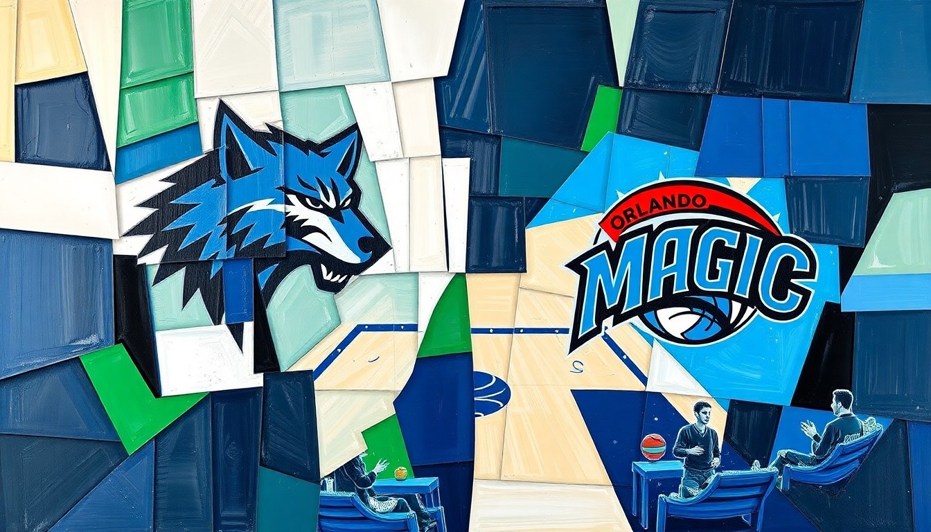 A fractured, multi-perspective painting in vibrant shades of blue, green, black, and white, breaking down the action of a basketball game into sharp, overlapping geometric planes to conceptually represent the high-stakes playoff seeding battle between the Timberwolves and Magic.