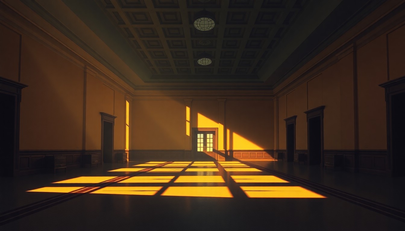 A dimly lit, cinematic painting of an empty government office space, with warm sunlight streaming in through the windows and deep shadows cast across the room, conveying a sense of quiet contemplation and the weight of political decision-making.