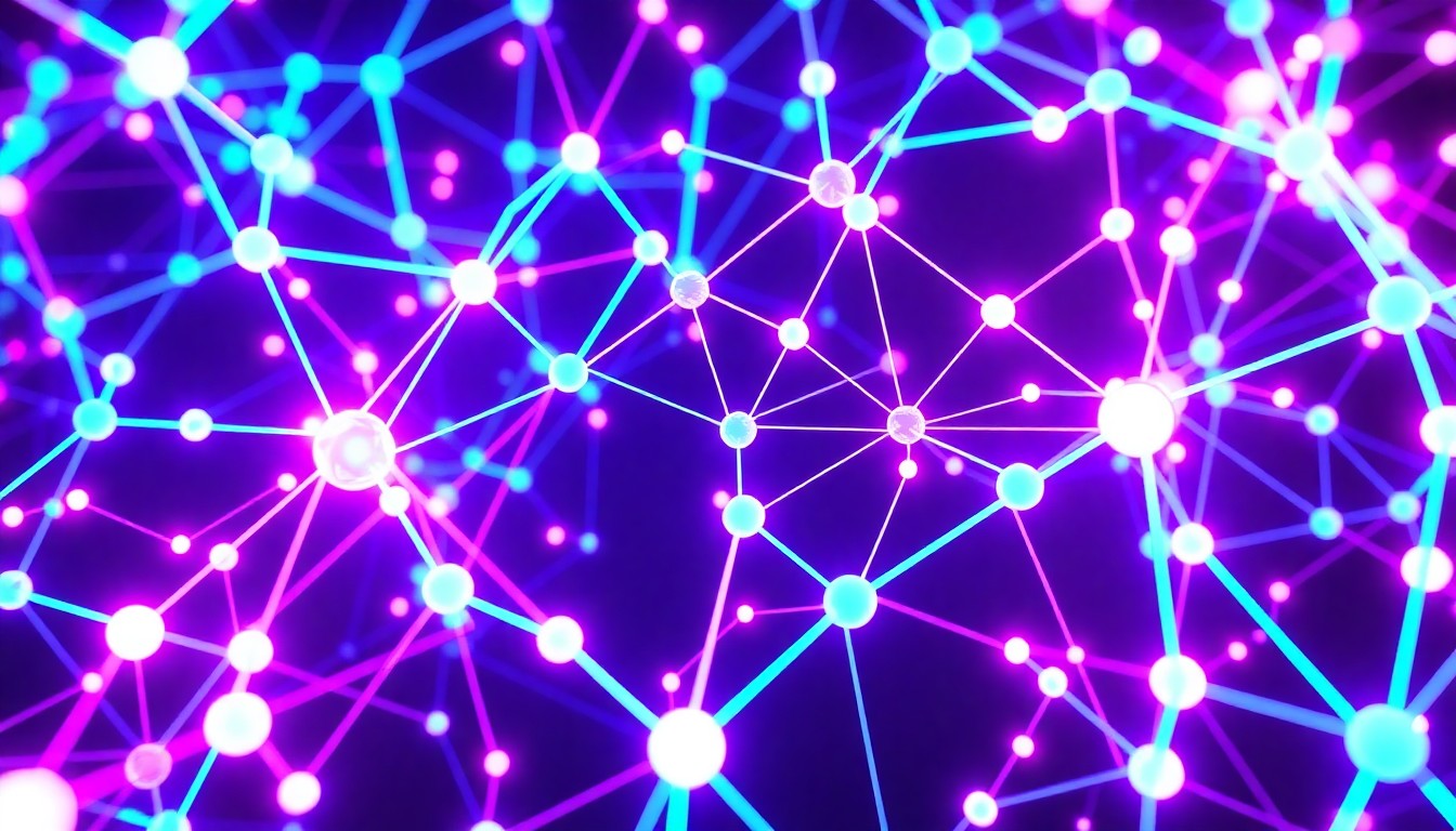 A highly detailed, glowing 3D illustration of a complex, futuristic AI neural network architecture in shades of neon blue, purple, and magenta, conceptually representing the dynamic and intelligent nature of Arcee's open-source AI model.