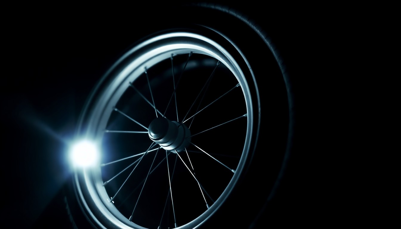 An extreme close-up photograph of a wheelchair wheel, the spokes and tire tread sharply lit by a harsh, direct camera flash against a pitch-black background, conceptually illustrating the investigation into the police chief's actions.