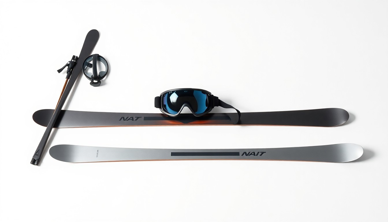 A high-end, photorealistic studio still-life photograph featuring a set of premium ski equipment and gear, including skis, poles, and goggles, arranged elegantly on a clean, monochromatic seamless background, conceptually representing the precision and prestige of Vail Mountain's operations.