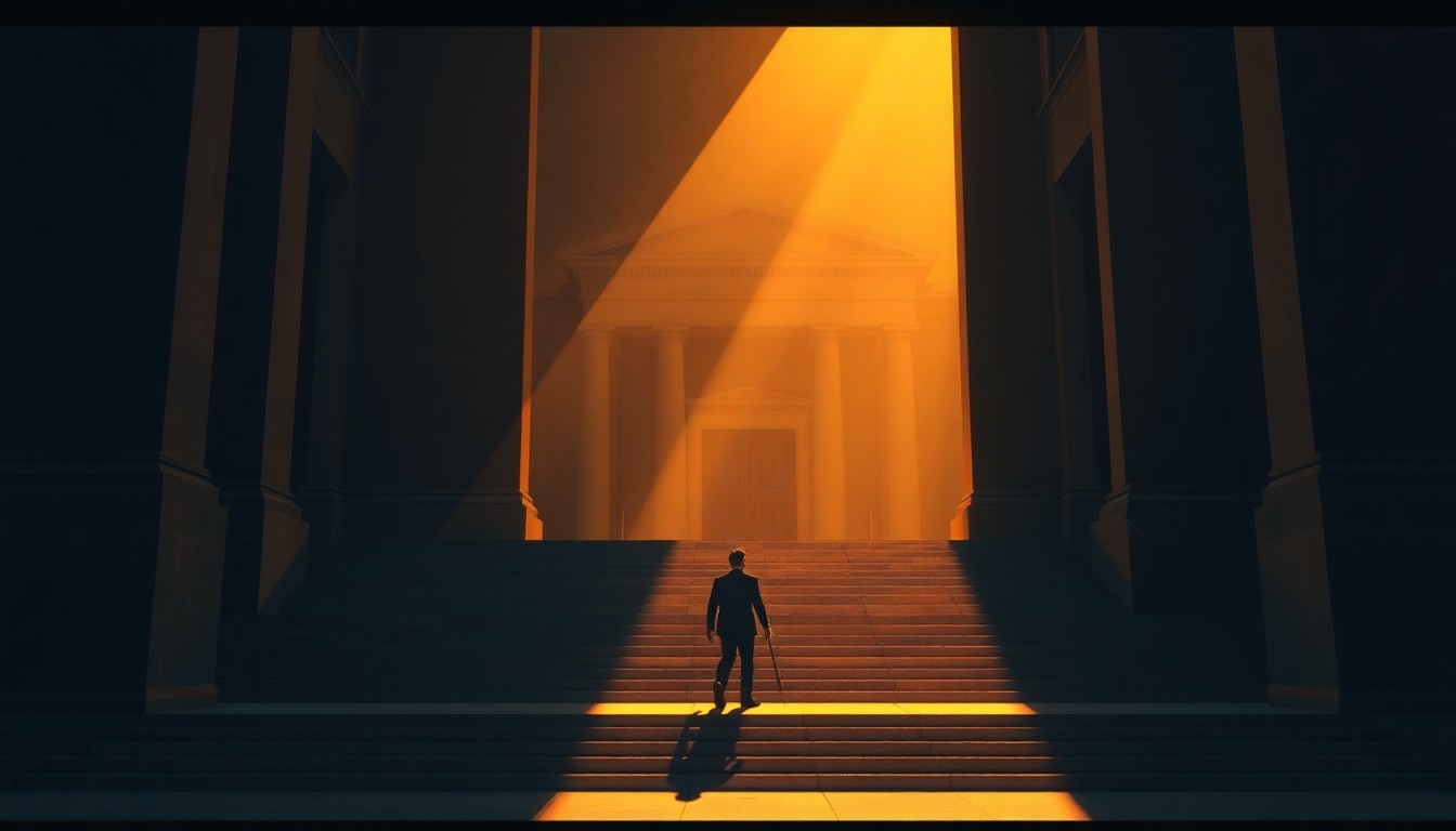A photorealistic painting depicting the exterior of a government building, with a lone figure walking up the steps in the warm, angled light. The scene has a contemplative, nostalgic mood, capturing the individual experience of participating in the democratic process.