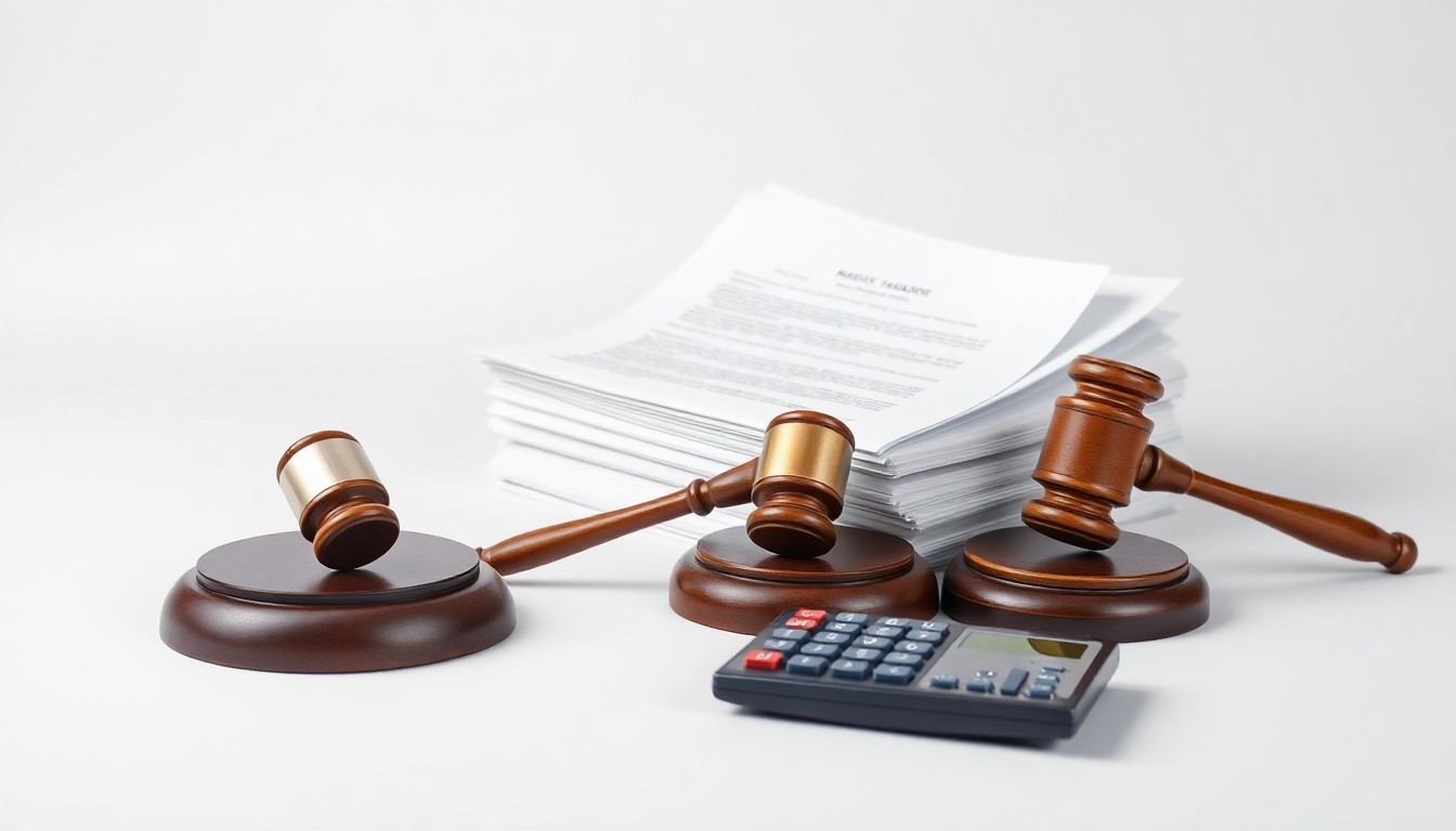 A high-end, photorealistic studio still-life photograph featuring a stack of legal documents, a gavel, and a calculator arranged elegantly on a clean, monochromatic background, conceptually representing the intricate legal and financial issues at the heart of the Prosperity Partners bankruptcy case.