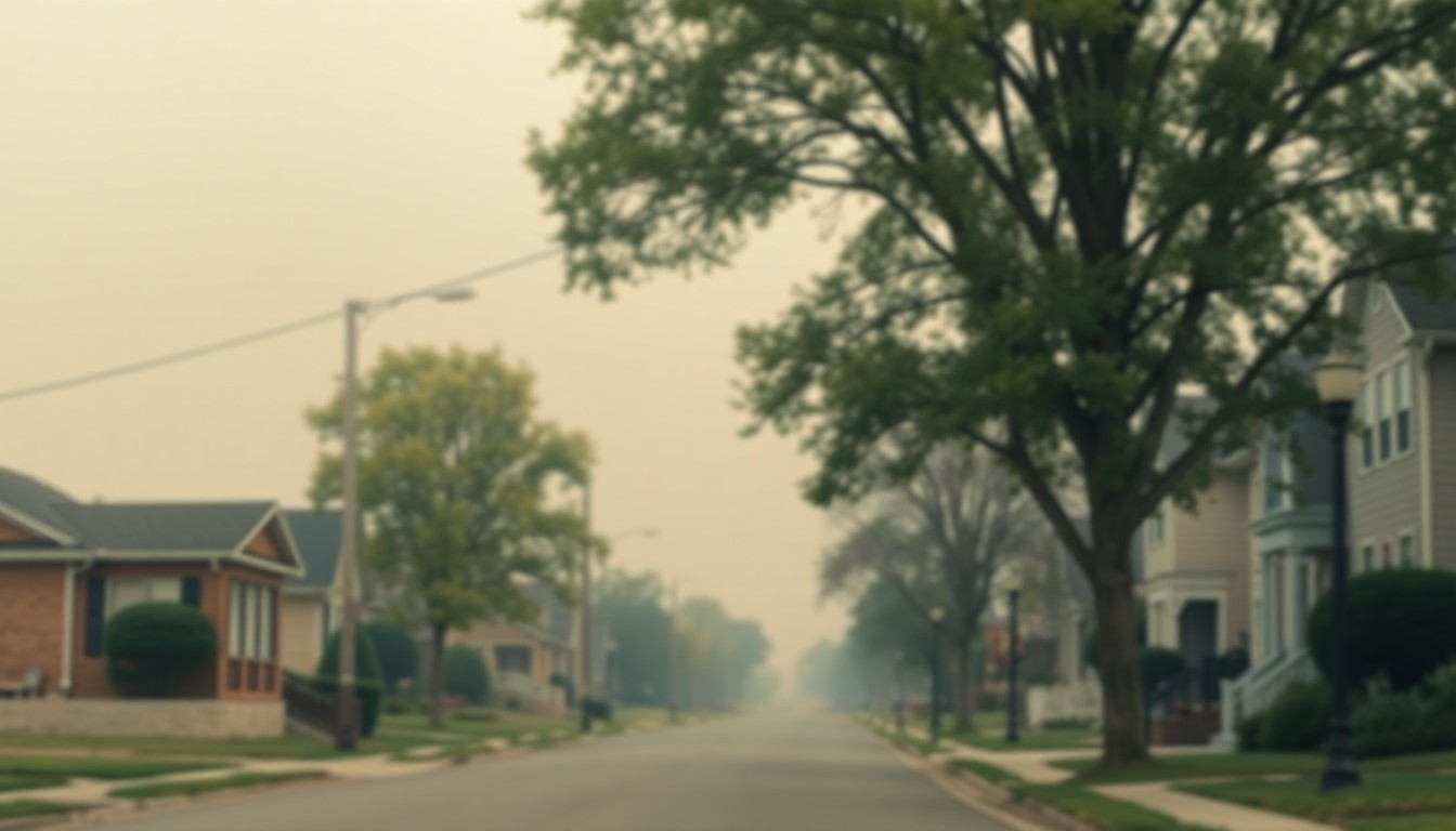 An impressionistic, blurred photograph in soft, golden tones depicting a peaceful residential street with houses, trees, and lampposts, conveying the comfortable, welcoming atmosphere of a Midwestern city.
