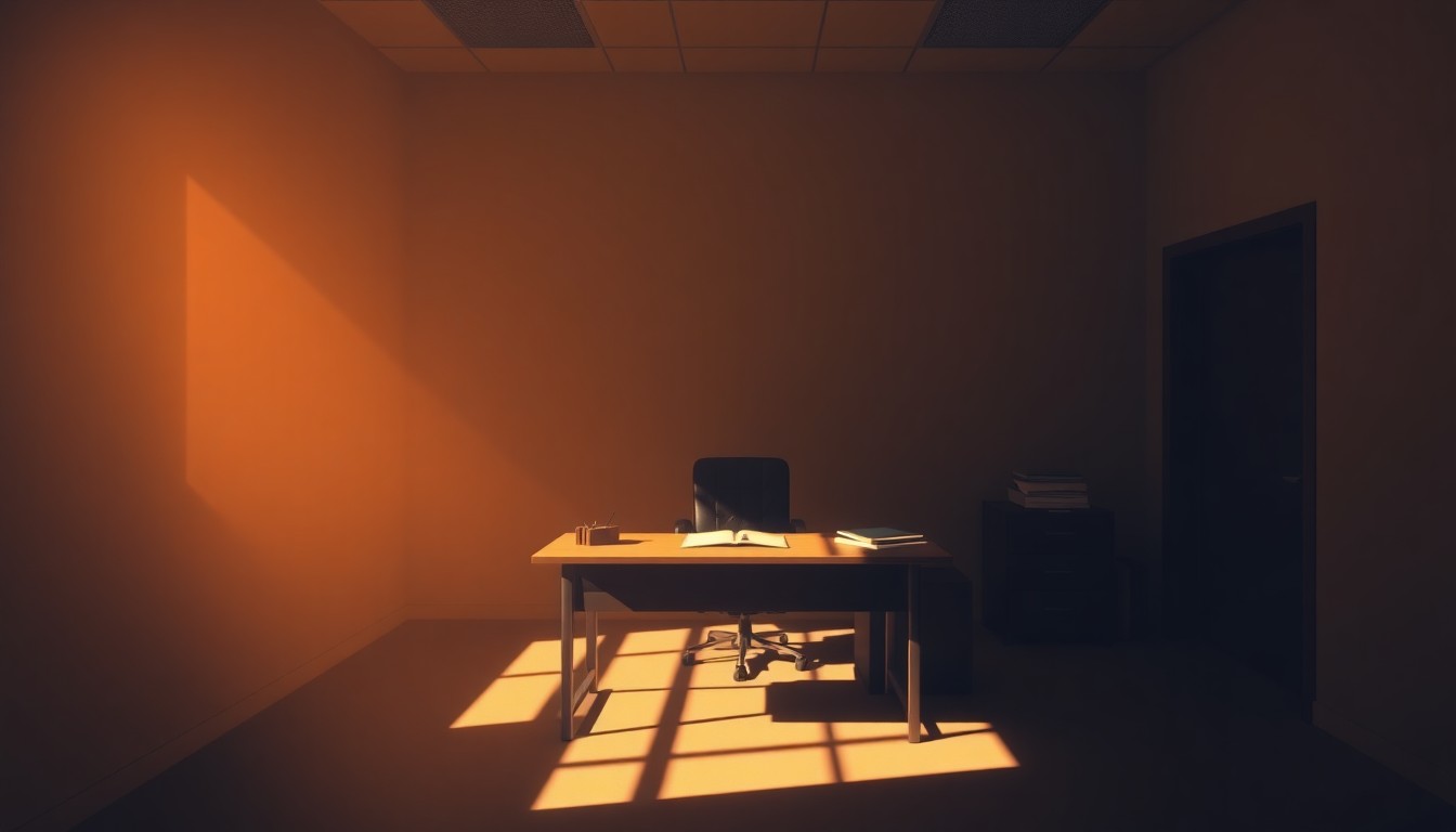 A quiet, cinematic painting of a simple government desk in a dimly lit room, the surface bathed in warm, diagonal sunlight and deep shadows, conceptually representing the bureaucratic challenges faced by formerly incarcerated individuals seeking employment.
