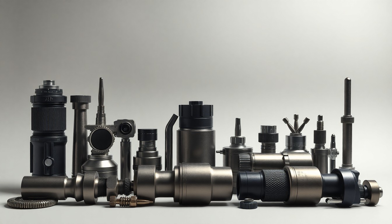 A photorealistic studio still-life featuring a collection of polished metal tools, engineering instruments, and military-grade hardware arranged elegantly on a clean, monochromatic background, conceptually representing the competitive nature of government contracting for defense services.