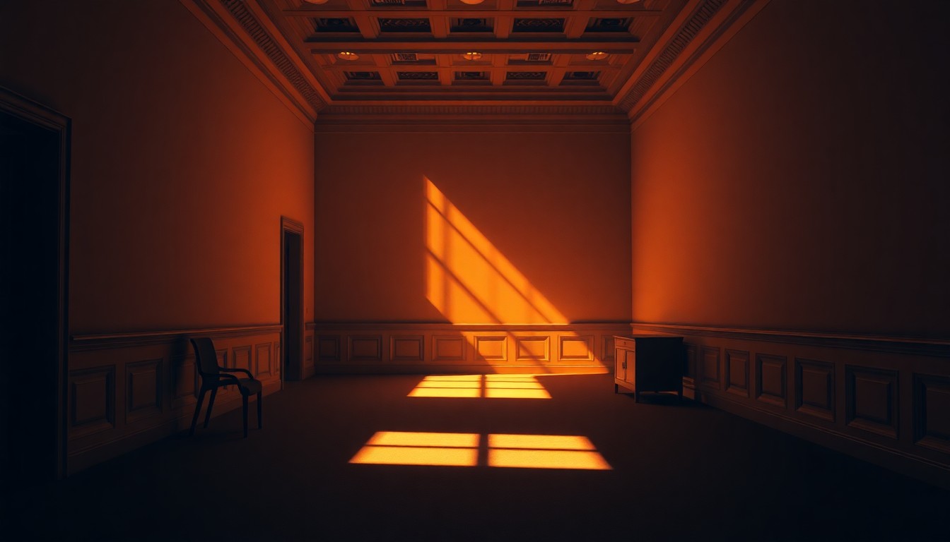 A dimly lit, cinematic painting of an empty government office space with warm, diagonal sunlight streaming through the windows, conceptually representing the quiet tension between federal and state authority over the legal industry.