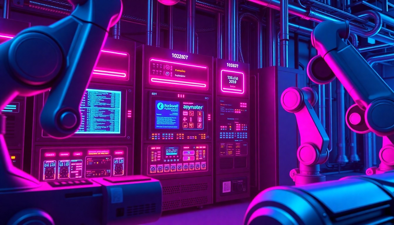 A highly detailed 3D illustration of glowing, neon-lit industrial control panels and robotic arms, representing the critical infrastructure targeted by Iranian hackers. The panels feature recognizable components in vibrant cyan and magenta lights, conceptually illustrating the threat to Rockwell Automation's technology.