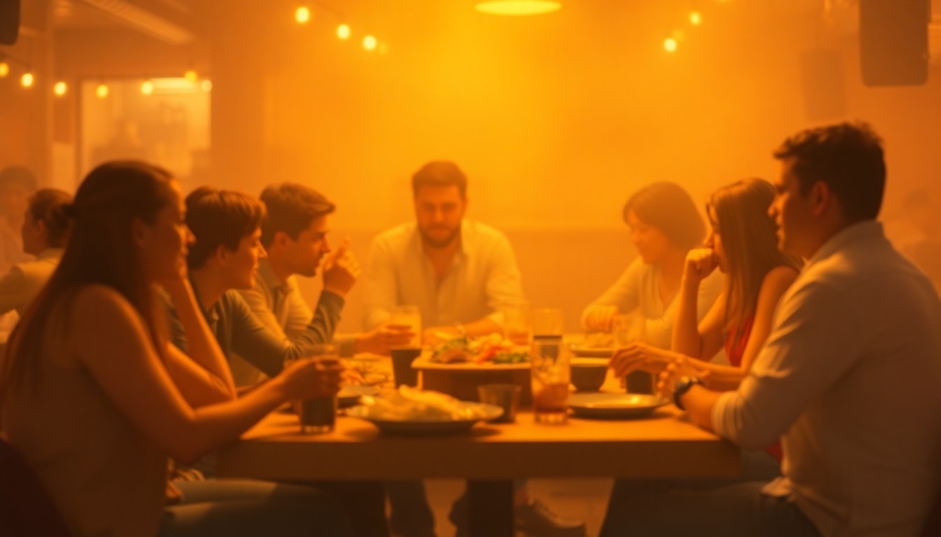 An out-of-focus, warm-toned photograph showing the blurred silhouettes of people gathered around a table, conceptually representing the community-focused atmosphere of the Washington FFA's Taco Tuesday event.