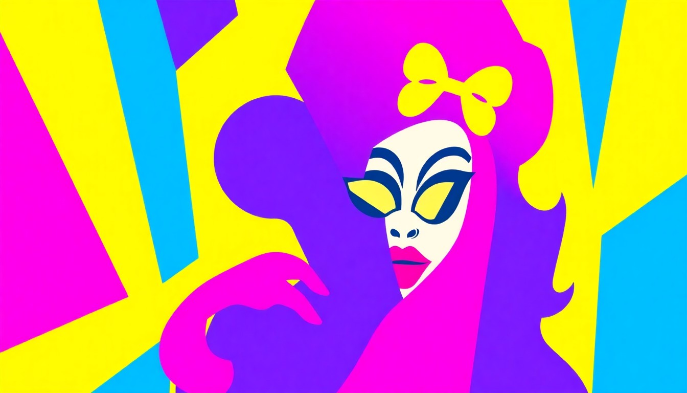 A dynamic abstract composition of geometric shapes in vibrant blues, pinks, and yellows, conceptually representing the high-energy fusion of Disney and drag performance.