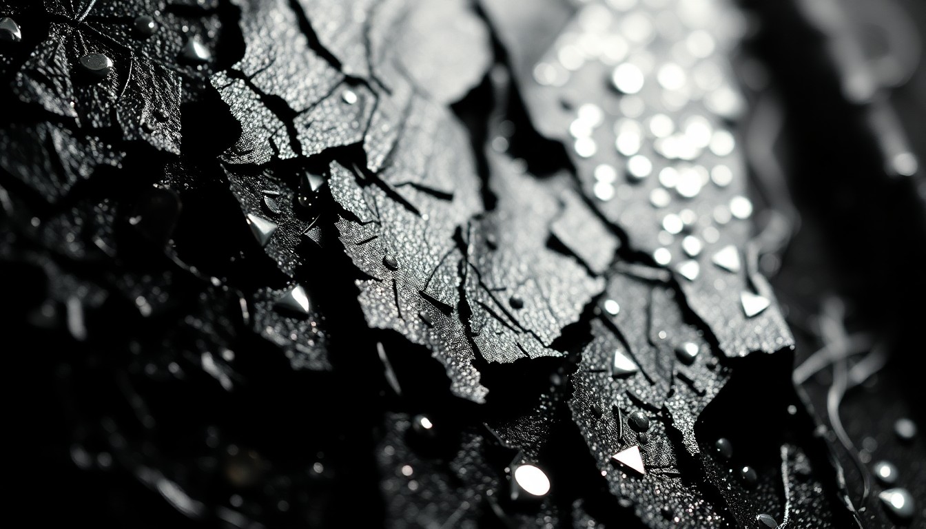An extreme close-up photograph showcasing the textured, gritty materials associated with emo and post-hardcore music, including shredded black leather, cracked chrome, and glittering sequins, all captured in high-contrast studio lighting to create a bold, glamorous aesthetic.