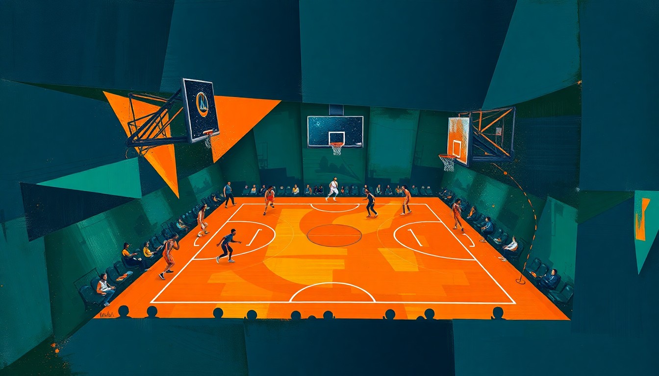 A cubist, geometric illustration depicting a fragmented basketball court with players' movements and the ball represented through sharp, overlapping shapes in a palette of navy, green, and orange, conveying the complex challenges facing the Bulls' front office.