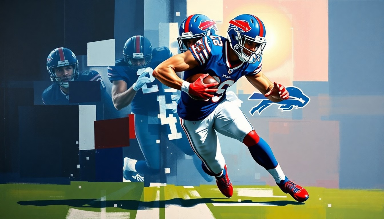 A fragmented, geometric painting depicting a football player in the act of rushing the passer, with sharp planes of navy blue, red, and white representing the Buffalo Bills' defensive line.