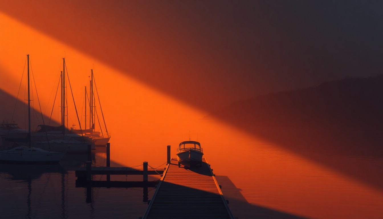 A serene painting of an empty riverfront marina with a lone small boat docked at the pier, bathed in warm, diagonal sunlight and deep shadows, conceptually representing the community's fight to preserve public access to this treasured space.