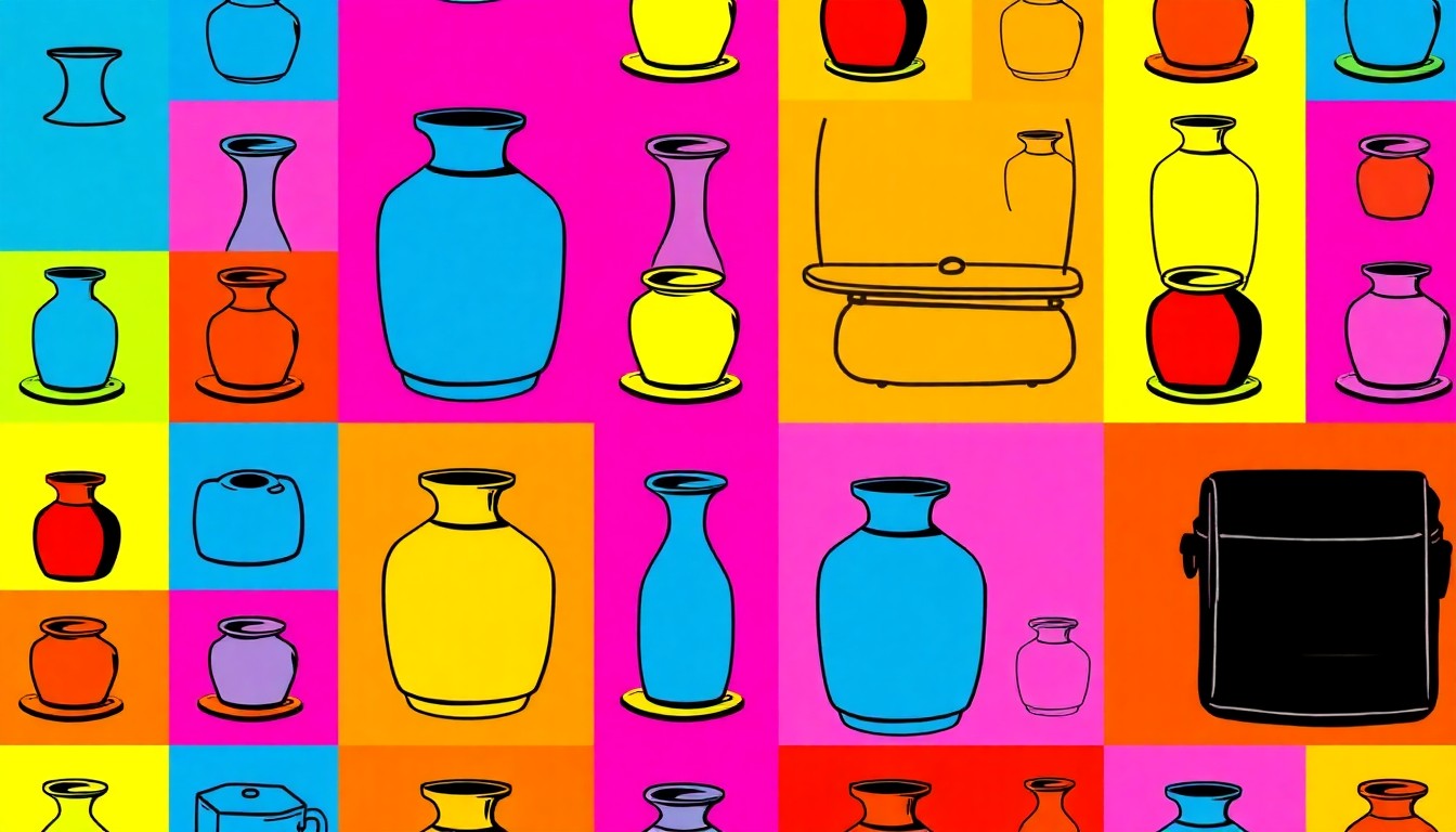 A high-contrast, silkscreen-style illustration featuring a grid of brightly colored, iconic Staud Home products, such as a ceramic vase or leather placemat, rendered in a bold, pop art aesthetic.