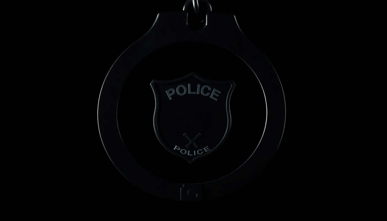 An extreme close-up photograph of a police badge or handcuffs against a pitch-black background, lit by a harsh, direct camera flash to create a stark, gritty, investigative aesthetic.
