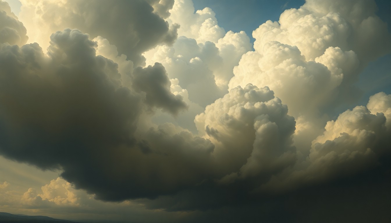 A sweeping, atmospheric landscape painting in muted tones of gray, blue, and green, depicting a dramatic, stormy sky filled with heavy, swirling clouds that obscure the horizon, conveying the overwhelming, sublime power of nature.