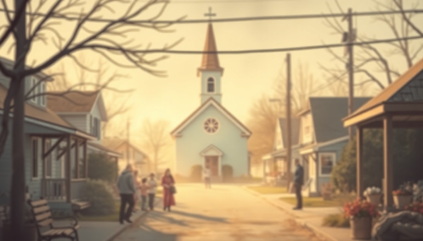 An impressionistic, out-of-focus photograph in warm tones depicting a cozy, nostalgic scene from a small-town community, conveying a sense of timeless tradition and enduring local spirit.