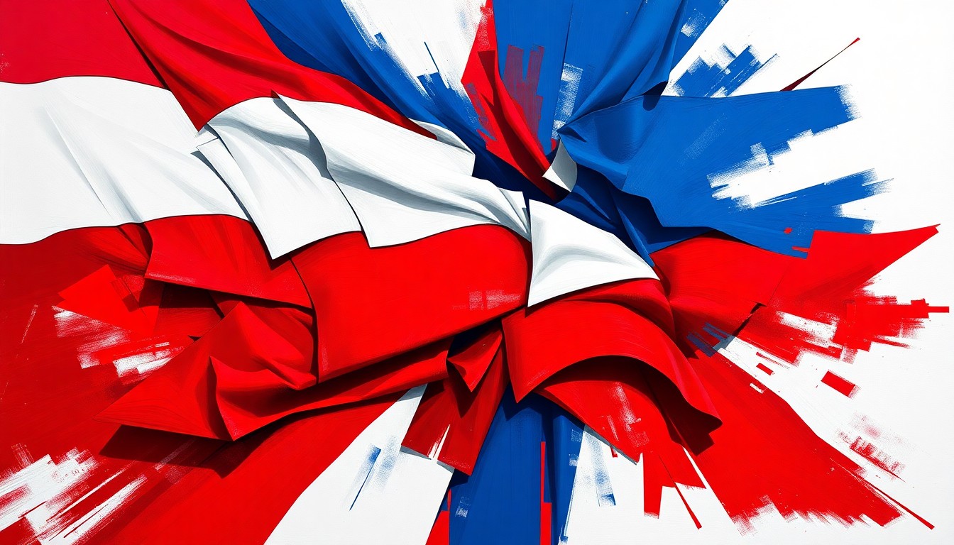 An abstract, fragmented painting in bold red, white, and blue hues, conceptually representing the political turmoil surrounding Senator Cassidy's controversial impeachment vote.