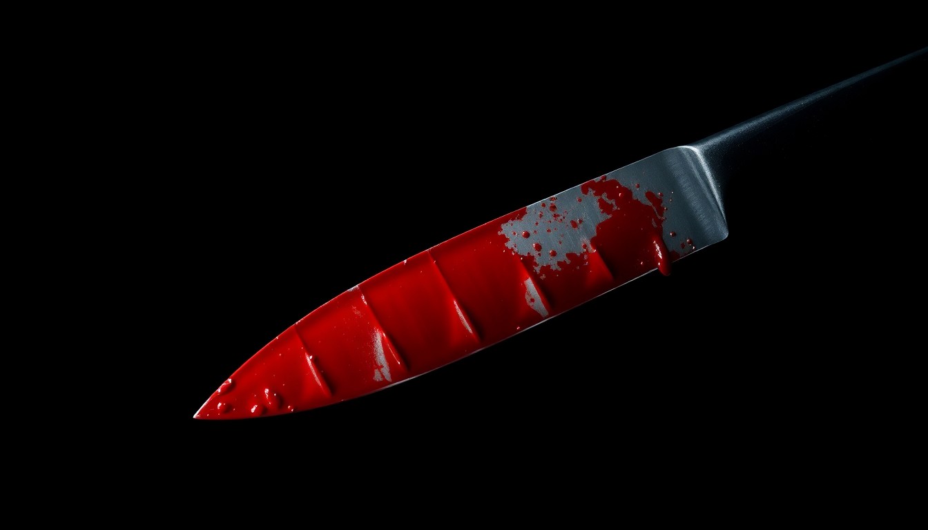 An extreme close-up photograph of a bloody knife blade against a pitch-black background, creating a stark, gritty, investigative aesthetic.