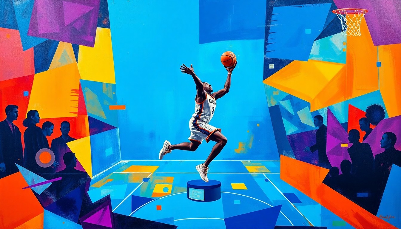 A cubist, fragmented painting depicting a basketball game in motion, with the players and court broken down into sharp, overlapping geometric shapes in a vibrant color palette, conveying the dynamic energy and multi-faceted nature of Victor Wembanyama's game.