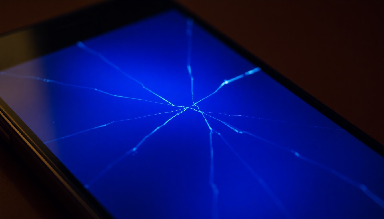 An extreme close-up photograph of a cracked smartphone screen reflecting a faint blue light, conceptually representing the digital evidence and technology at the heart of this cyberstalking case.