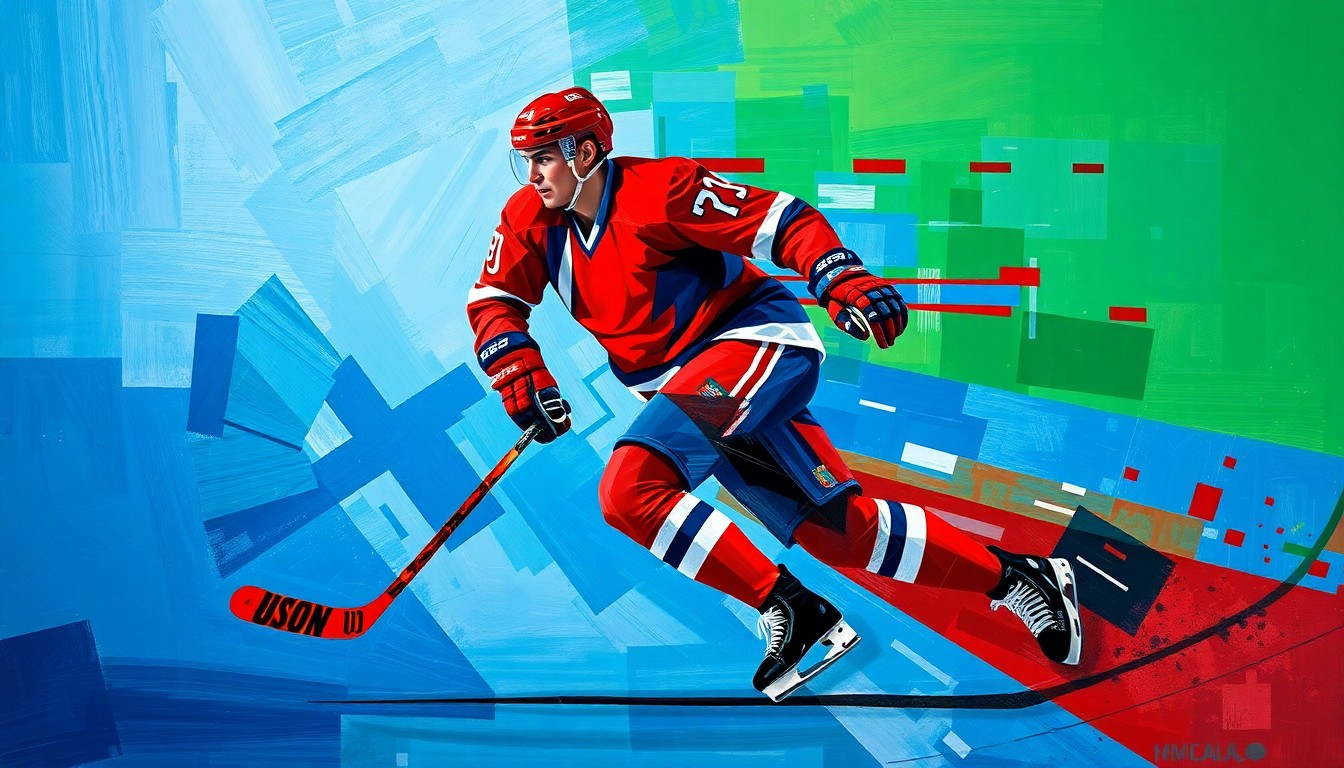 A fragmented, geometric painting depicting the dynamic movements of a hockey player, using bold colors and angular shapes to capture the sport's intensity.