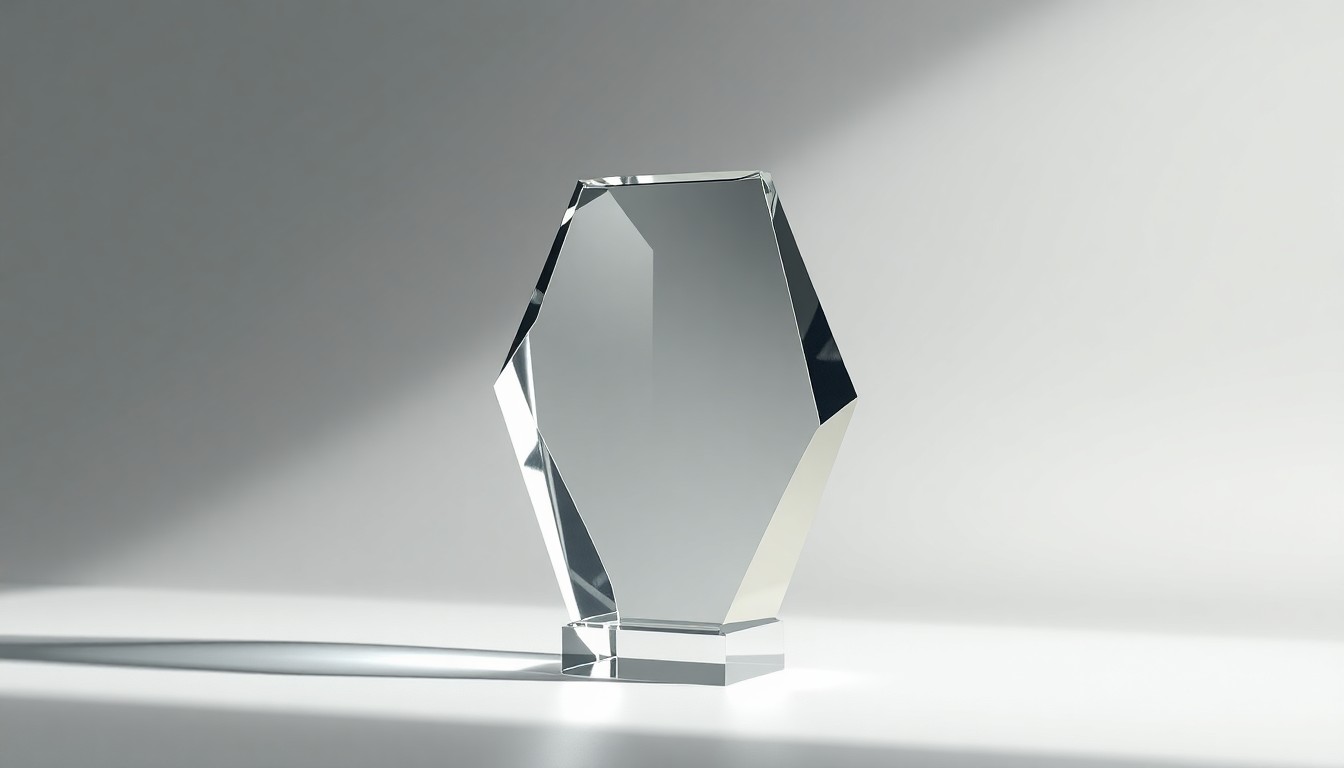 A highly polished, geometric glass sculpture in shades of gray and blue, floating on a clean white background and illuminated by dramatic studio lighting, conceptually representing the modern, premium design of the new Wedbush headquarters in Pasadena.