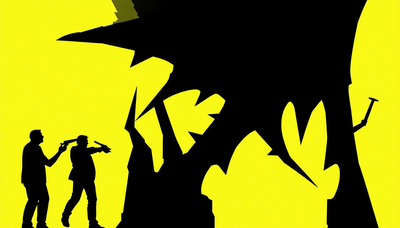 An abstract, minimalist illustration featuring sharp, angular black silhouettes overlapping against a vibrant, high-contrast background, conceptually representing the tensions and divisions within the art world.