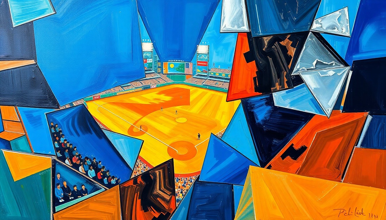 A cubist, geometric painting depicting a baseball game or match, with sharp, overlapping planes of color representing the dynamic action on the field.