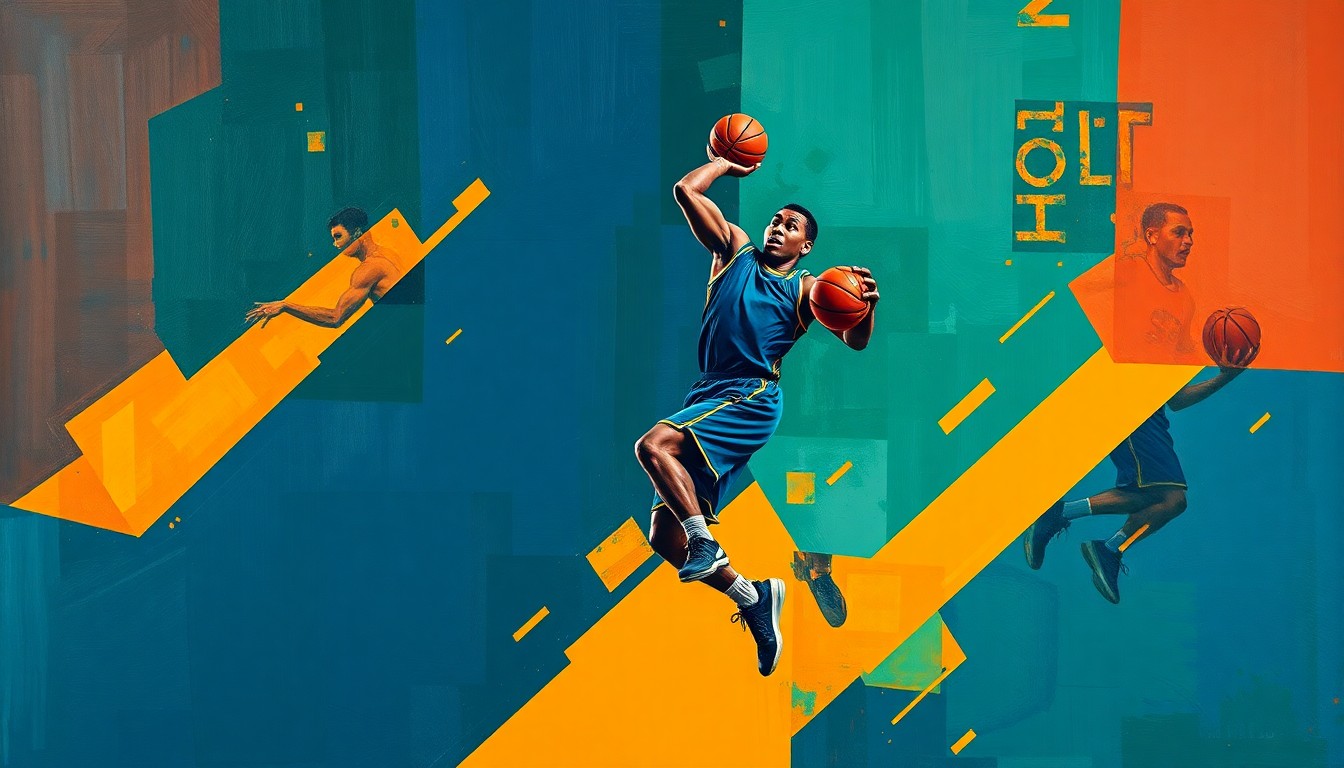 A cubist-style painting depicting a basketball player's movements broken down into sharp, overlapping geometric shapes in shades of navy, green, and orange.
