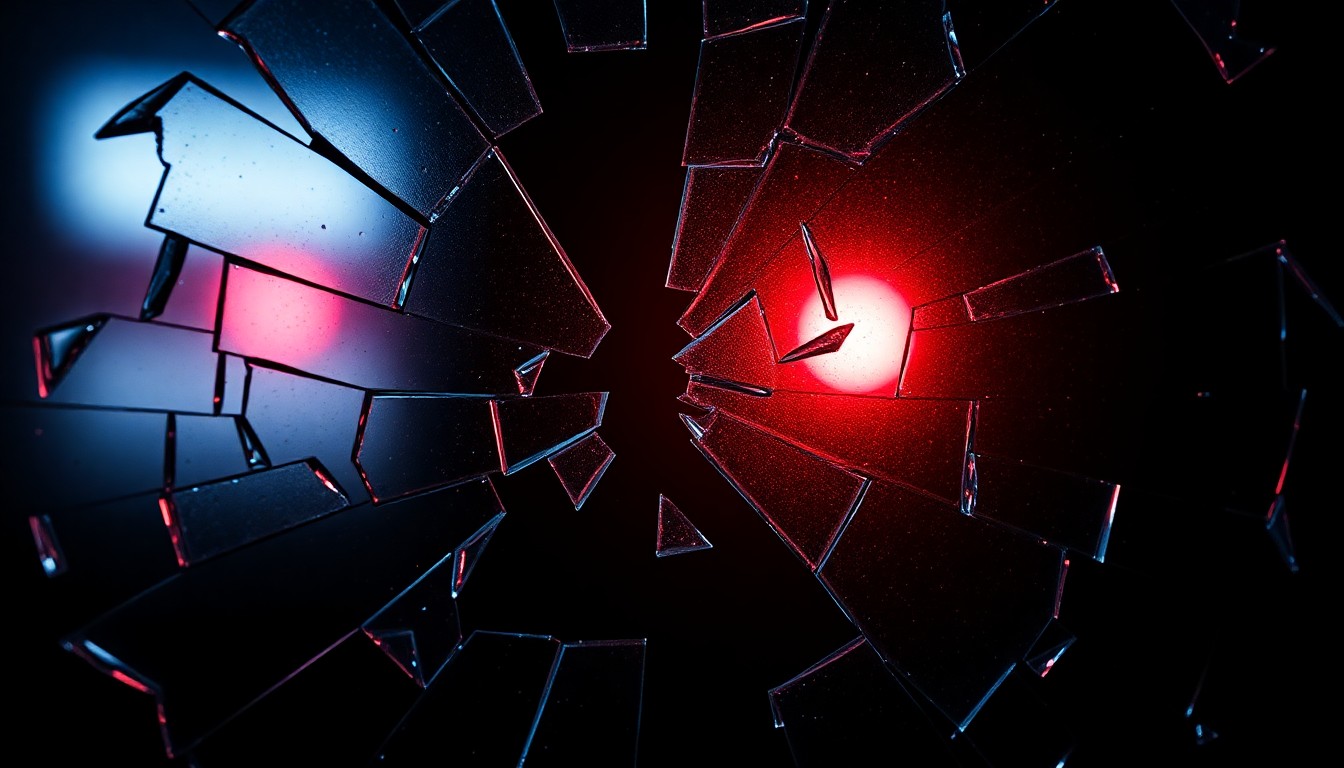 An extreme close-up photograph of shattered glass reflecting a faint red light, conceptually representing the complex emotions and fragile nature of revisiting a reality TV past.