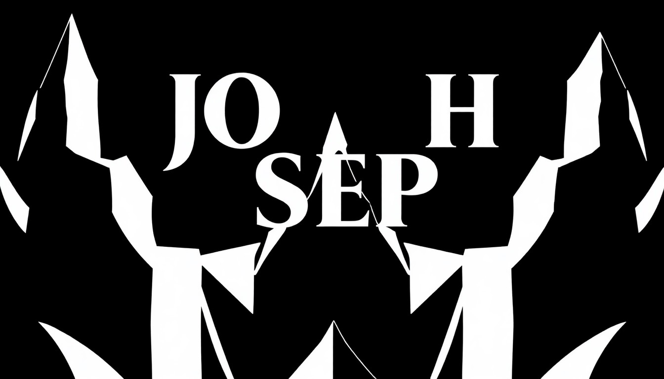 An abstract, minimalist illustration composed of bold, angular black shapes against a stark white background, conceptually representing the themes of biblical storytelling and musical theater without any literal depictions.