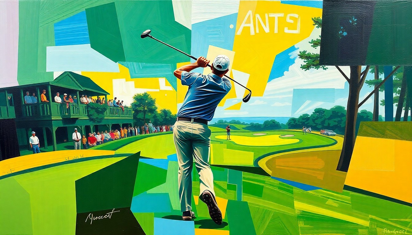 A fragmented, geometric painting depicting a golfer's swing and the Masters tournament action, rendered in a cubist style with vibrant colors and sharp, overlapping planes.