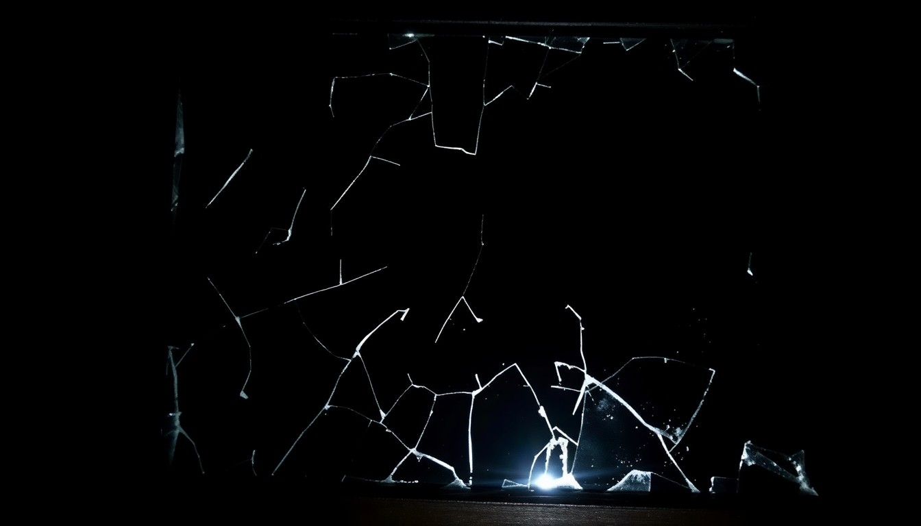 An extreme close-up photograph of a shattered phone screen or cracked picture frame, lit by a harsh, direct camera flash against a pitch-black background, conceptually representing the gritty details of a domestic violence case.