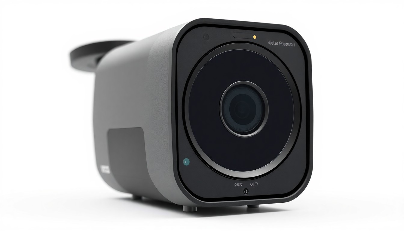 An extreme close-up of a minimalist, geometric home security camera with a smooth matte black finish, conceptually representing the need for improved home protection in the face of targeted violence.