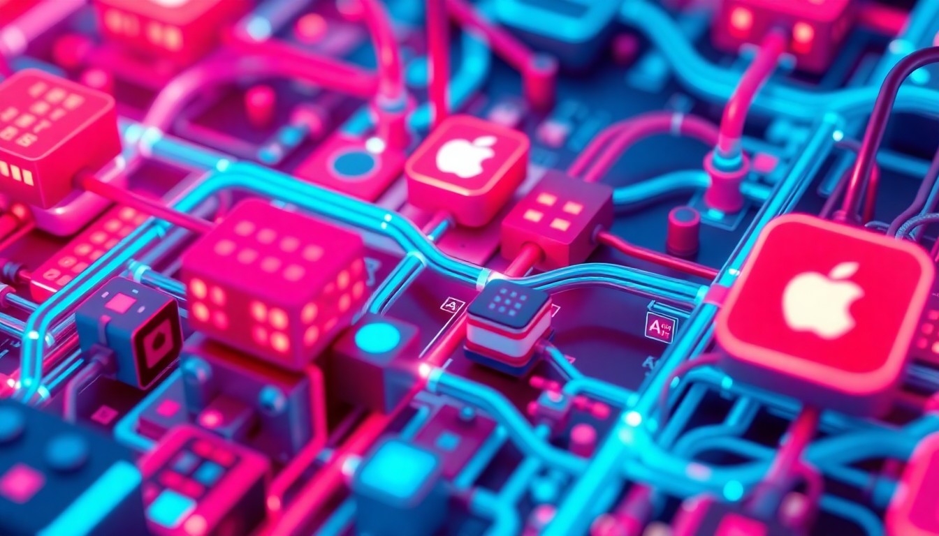 A highly detailed, glowing 3D illustration of a complex network of interconnected digital components in vibrant neon colors, conceptually representing the technical and financial complexities of the mobile app ecosystem.