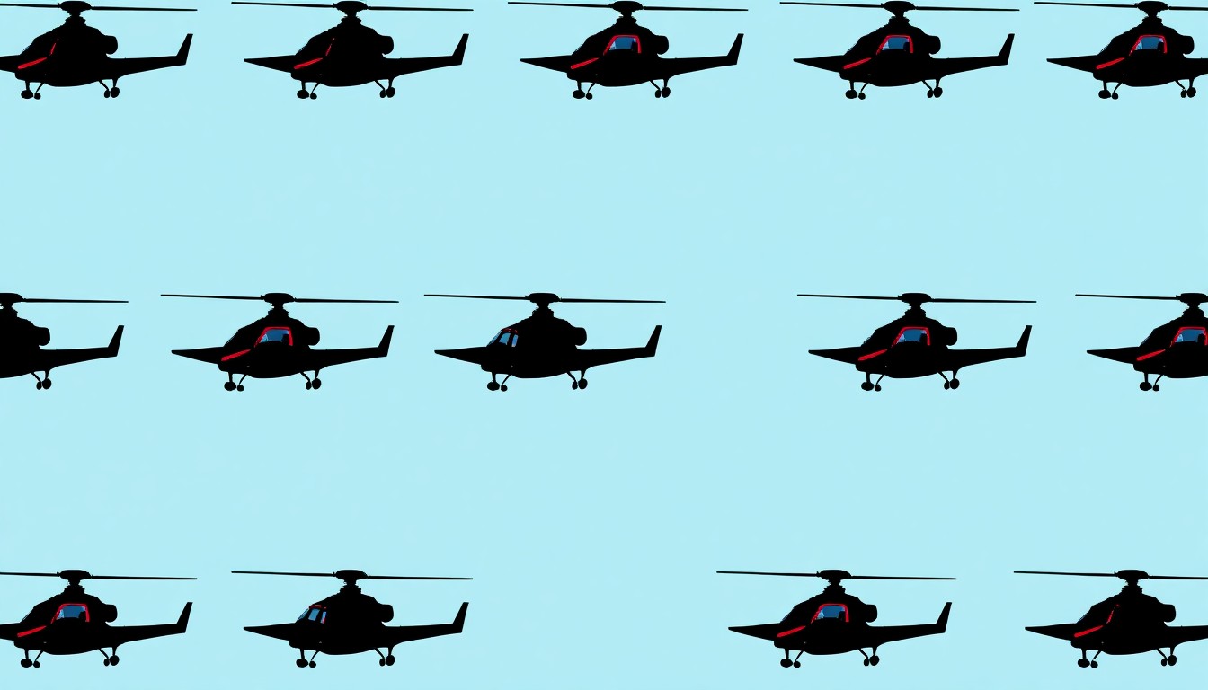 A bold, colorful silkscreen-style illustration featuring a repeating pattern of military helicopter icons in vibrant neon shades, conceptually representing the aerial displays at the community 5K event.