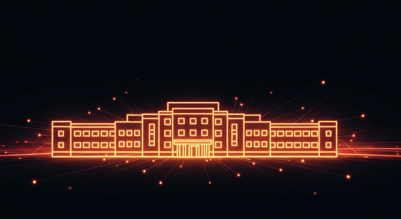 A vibrant neon outline of a hospital building, with pulsing lines of light symbolizing the community's collective energy and determination to address the healthcare void left by the facility's abrupt shutdown.